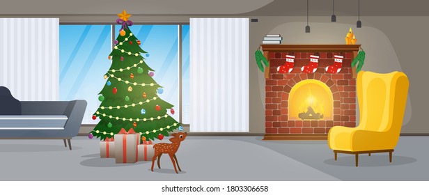 New Year. A room with a large window, fireplace, Christmas tree and gifts. Vector.