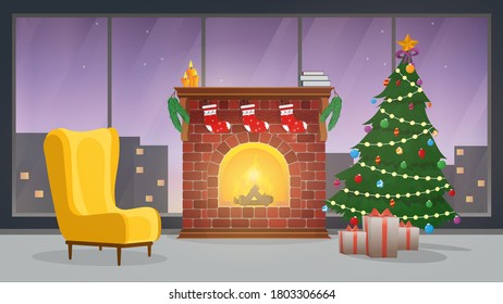Año Nuevo. Una habitación con una gran ventana, chimenea, árbol de Navidad y regalos. Vector.