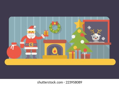 New Year Room Santa Claus with Gift Box and Bag Christmas Accessories Icons Trendy Modern Flat Design Template Vector Illustration