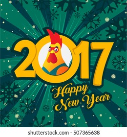 New Year of the Rooster 2017. Funny rooster on a green background. Vector file organized in layers for easy editing