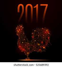 New Year rooster 2017 in low-poly design. Vector illustration Polygonal rooster with points, lines and shapes. EPS10. Connection structure