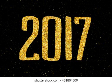 New Year of the Rooster greeting card design template with gold glittering texture on hand lettering text 2017 isolated on black background. Vector illustration for winter holidays with typography