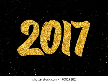 New Year of the Rooster greeting card design template with gold glittering texture on hand lettering text 2017 isolated on black background. Vector illustration for winter holidays with typography