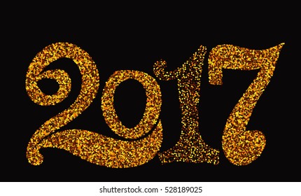 New Year of the Rooster greeting card design template with gold glittering texture on hand lettering text 2017 isolated on black background. Vector illustration for winter holidays with typography