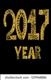 New Year of the Rooster greeting card design template with gold glittering texture on hand lettering text 2017 isolated on black background. Vector illustration for winter holidays with typography