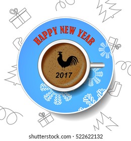 With the new year rooster. The image of the bird on a cup of coffee.