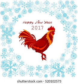 New Year Rooster in snowflakes frame. vector illustration. greeting new year card