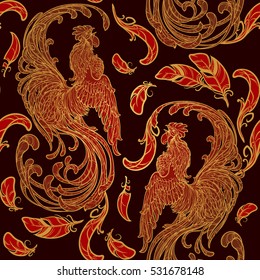New year rooster as a symbol of the 2017 year. Seamless pattern. Intricate linear drawing of the crowing Rooster on contrast background. EPS10 vector illustration.