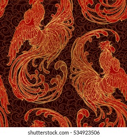 New year rooster as a symbol of the 2017 year. Seamless pattern. Intricate linear drawing of the crowing Rooster on contrast background. EPS10 vector illustration.