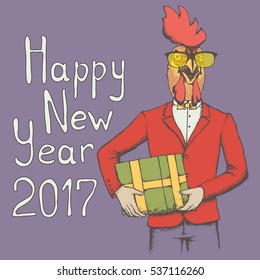 New Year of the rooster vector illustration concept. Rooster in human suit with gift