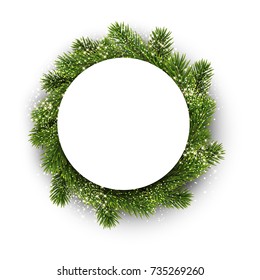 New Year round background with Christmas wreath and snow. Vector illustration.