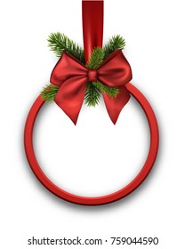 New Year round background with fir branches and red bow. Vector illustration.