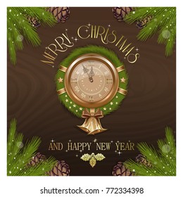 New Year round clock with Christmas wreath. Vintage antique clock decorated traditional holiday wreath from spruce branches and Christmas decorations. Vector illustration