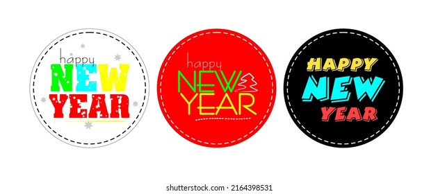 new year round stickers. a set of 3 stickers for the new year. bright fashion stickers. happy new year. white, black, red christmas sticker. fashionable vector layout. unusual tags christmas
