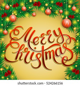 New Year s background in the form of an arch made of fir branches, decorated with ribbons, balls and lanterns. Handwritten lettering.