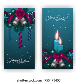 New Year s background - a garland of fir branches, bells, candles, lollipops, serpentine, stars, bow, gift for greeting card, invitation. Christmas festive bokeh background. Vector illustration EPS10.