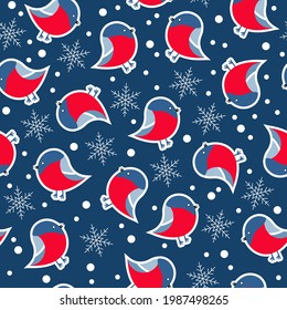 New Year s background with the image of bullfinches and snowflakes. Seamless pattern.