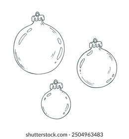 New Year s balls round with a fastening for hanging, shiny, voluminous, simple, different sizes. Line art is a simple hand-drawn illustration in black and white ink. Isolated vector EPS object.