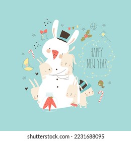 New Year s Card with Cute Snowman hugging Rabbits