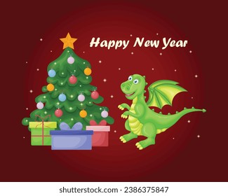 New Year s card with a dragon near the Christmas tree. A Christmas card with a cute dragon standing near the Christmas tree with gifts. Festive illustration with the symbol of the new year. Vector.