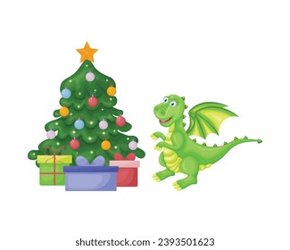 New Year s card with a dragon near the Christmas tree. A Christmas card with a cute dragon standing near the Christmas tree with gifts. Festive illustration with the symbol of the new year. Vector.