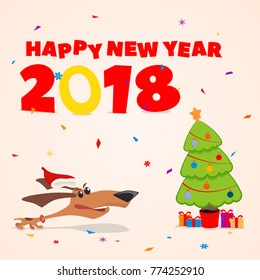 New Year s card, puppy runs to the Christmas tree with gifts. vector illustration