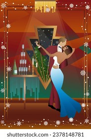 New Year s, Christmas party. A couple dances near a table with champagne, against the backdrop of a window with snowfall. Concept for holiday, winter holidays, New Year, Christmas
