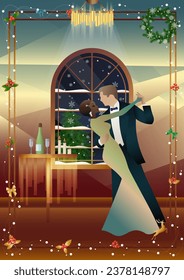 New Year s, Christmas party. A couple dances near a table with champagne, against the backdrop of a window with snowfall. Concept for holiday, winter holidays, New Year, Christmas