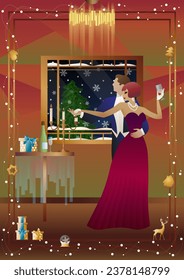 New Year s, Christmas party. A couple dances near a table with champagne, against the backdrop of a window with snowfall. Concept for holiday, winter holidays, New Year, Christmas