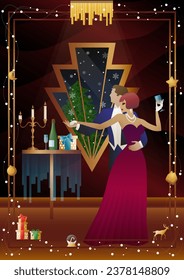 New Year s, Christmas party. A couple dances near a table with champagne, against the backdrop of a window with snowfall. Concept for holiday, winter holidays, New Year, Christmas