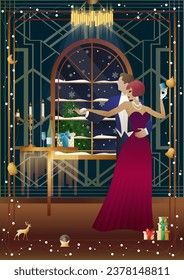 New Year s, Christmas party. A couple dances near a table with champagne, against the backdrop of a window with snowfall. Concept for holiday, winter holidays, New Year, Christmas