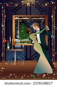 New Year s, Christmas party. A couple dances near a table with champagne, against the backdrop of a window with snowfall. Concept for holiday, winter holidays, New Year, Christmas