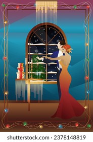 New Year s, Christmas party. A couple dances near a table with champagne, against the backdrop of a window with snowfall. Concept for holiday, winter holidays, New Year, Christmas