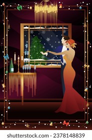 New Year s, Christmas party. A couple dances near a table with champagne, against the backdrop of a window with snowfall. Concept for holiday, winter holidays, New Year, Christmas