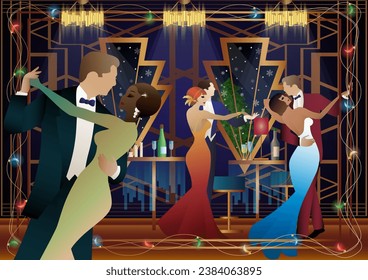 New Year s, Christmas party. A couple dances near a table with champagne, against the backdrop of a window with snowfall. Concept for holiday, winter holidays, New Year, Christmas