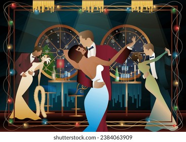 New Year s, Christmas party. A couple dances near a table with champagne, against the backdrop of a window with snowfall. Concept for holiday, winter holidays, New Year, Christmas