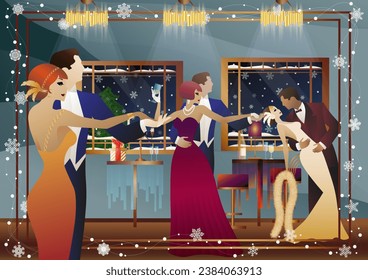 New Year s, Christmas party. A couple dances near a table with champagne, against the backdrop of a window with snowfall. Concept for holiday, winter holidays, New Year, Christmas