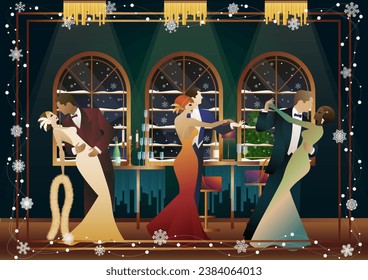 New Year s, Christmas party. A couple dances near a table with champagne, against the backdrop of a window with snowfall. Concept for holiday, winter holidays, New Year, Christmas