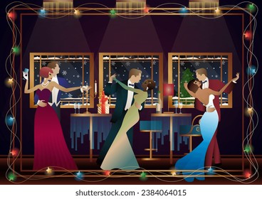 New Year s, Christmas party. A couple dances near a table with champagne, against the backdrop of a window with snowfall. Concept for holiday, winter holidays, New Year, Christmas