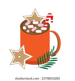 New Year 's cocoa in an orange cup with cookies , with a green twig next to it on a white background