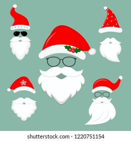 New Year s collection of clothes Santa hats, beards and glasses. Christmas elements for the celebration, face masks. Flat style, vector