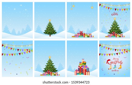 New Year s collection of greeting cards. Set of patterns with a winter forest, decorated Christmas tree, flags, snow and gifts. Flat cartoon vector.