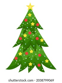 Neujahr festlicher Baum mit Lichtern und einer Gartenanlage. Einziger immergrüner Weihnachtsbaum. Grüne Tanne oder Kiefernbaum mit sternförmiger Vektorgrafik.