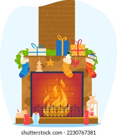 Chimenea de Año Nuevo con llama de fuego ardiente y calcetines y juguetes regalo, decoración y decoración para la ilustración vectorial de Navidad aislada en blanco