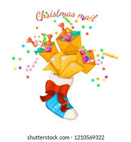 New Year s illustration for advertizing of discounts and gifts to clients. In a Christmas sock of the letter and sweet, gifts from Santa Claus