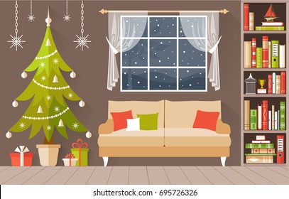 New Year s interior vector. A cozy room decorated for Christmas. Illustration in a flat  style.