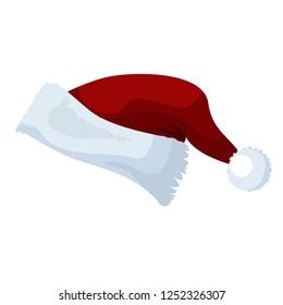 New Year s red cap with a white fluffy pompon. Vector Isolated Object