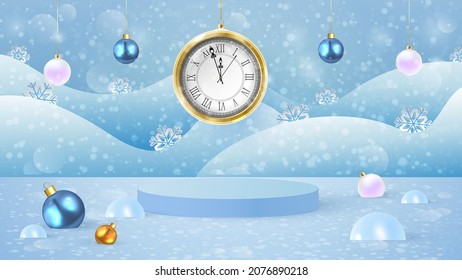 Escena de Año Nuevo para la presentación de productos en tonos azules. Decoración cilíndrica de podio y árboles de Navidad. Gran reloj. El paisaje invernal. Ilustración vectorial.