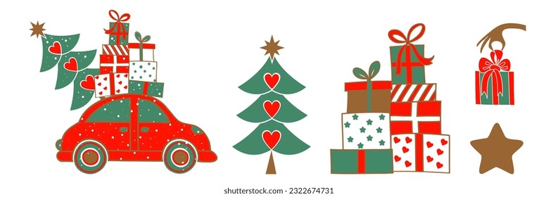 New Year s set Christmas tree, a red car with gifts, a hand with a gift box and a gold star.