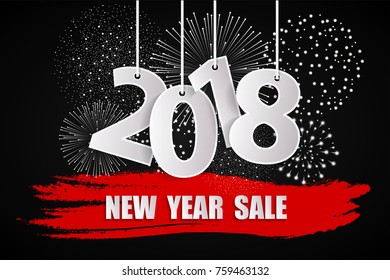 New Year sale 2018 black concept with fireworks. Vector illustration